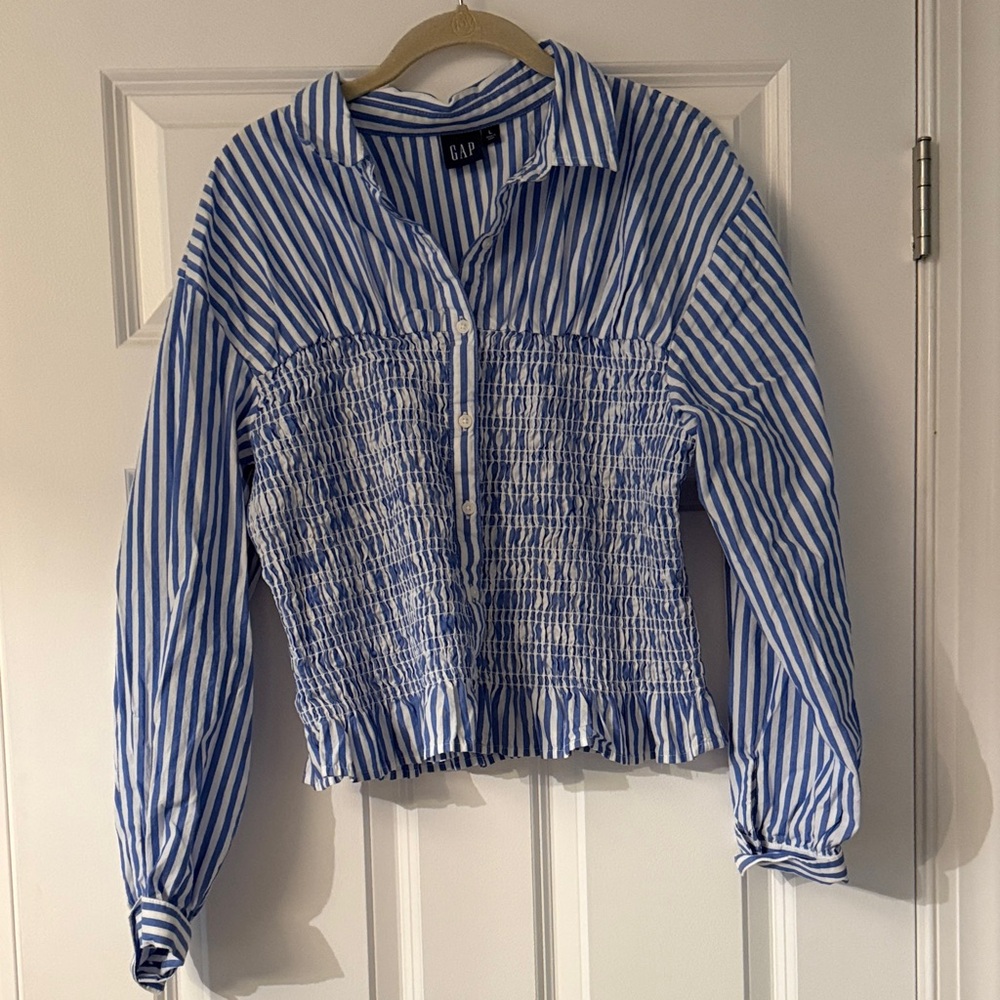 GAP Blue and White Striped Smocked Button-Front Blouse